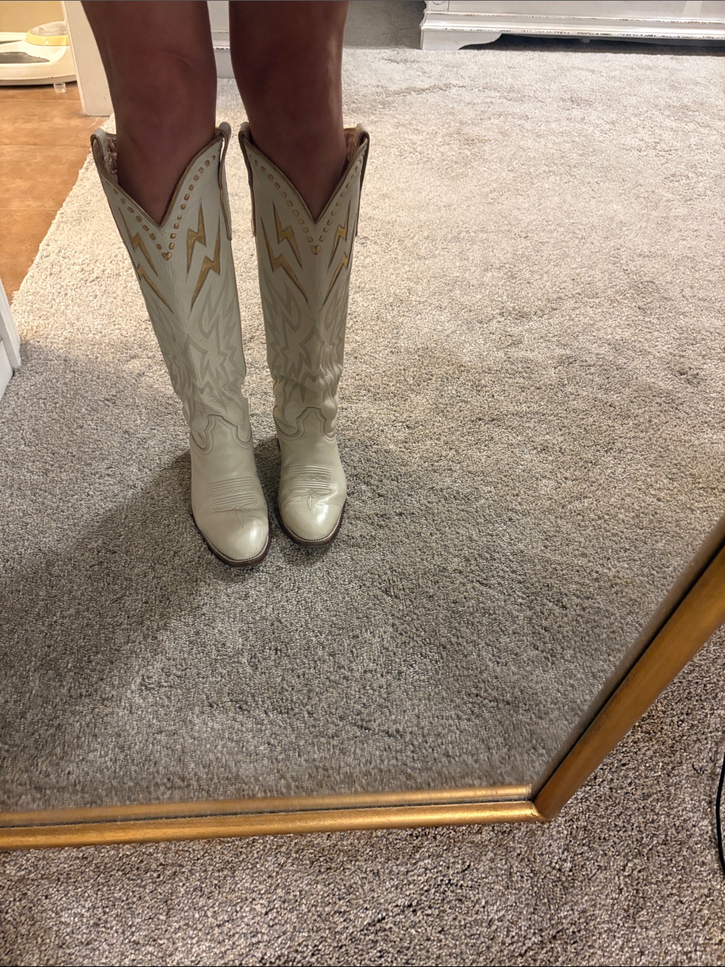 Cream Embroidered Western Knee-High Boots With Stacked Heel — image 3 of 8